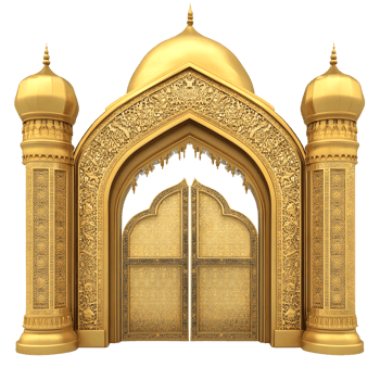 Ornate golden islamic architecture entrance with domes and pillars isolated on transparent background png