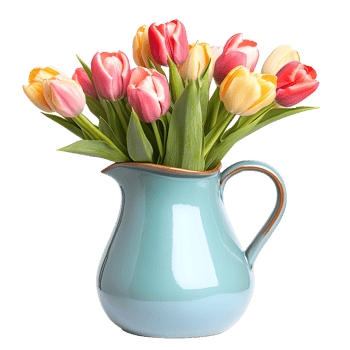 A bouquet of colorful tulips in a vintage turquoise pitcher isolated on transparent background png