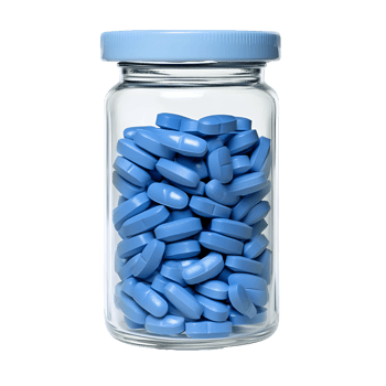 Glass jar filled with many blue oval shaped pills isolated on transparent background png