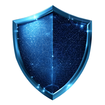 Digital blue shield with circuitry pattern and glowing edges isolated on transparent background png
