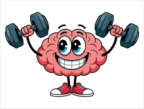 Brain cartoon character smiling while training with dumbbells illustration suitable for fitness mental health and educational themed visuals vector