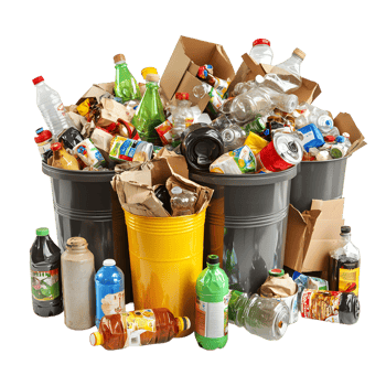 Overflowing bins and scattered items representing waste and recycling on a transparent background png