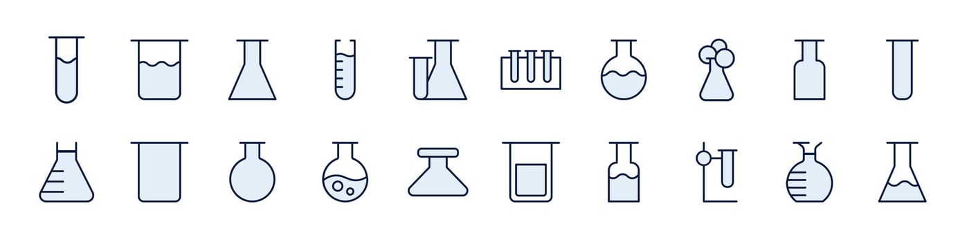 Bundle of Filled Color Icons of Light Blue Lab Flask. Minimalistic Linear Pictogram for Web and Graphic Design, Apps, Banners, Social Network and Cards vector