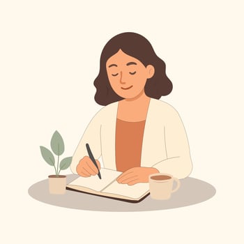 Smart woman student holds pen and notepad writing down lecture plan or keeping diary with secret desires. Cute girl with glasses uses notepad for time management and control over plans Pro vector