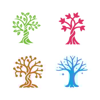 Set of Trees in Four Seasons Symbol Logo Icons silhouettes. Four unique, stylized tree in every season in different colors. vector