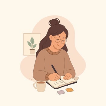 Minimalist flat style a woman writing notes typing and working on office laptop illustration vector
