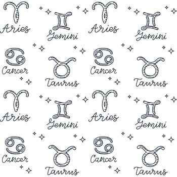 Hand drawn zodiac pattern featuring Aries, Taurus, Gemini and Cancer symbols with stars. Concept of astrology, horoscope and celestial sign design in seamless style vector