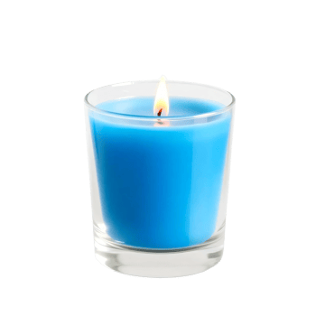 A blue candle is shown in a glass png