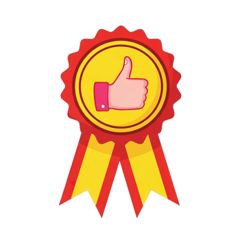 A stylized red and yellow award ribbon with a golden circle featuring a pink thumbs up symbol isolated on transparent background png