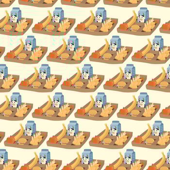 Seamless pattern with school lunch trays featuring milk, bananas, and snacks. Great for back to school projects, cafeteria designs and kids meal illustrations vector