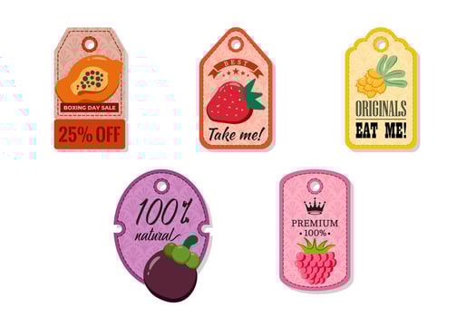 A tag with a hole at the top, elegant and creativity for labeling purposes juices, jams and different foods. Packaging tags with papaya, strawberry, seabuckthorn, mangosteen, raspberry vector