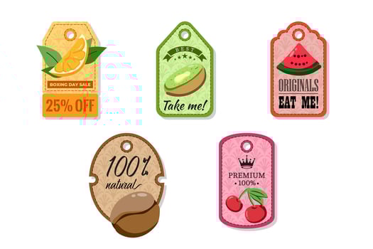 A tag with a hole at the top, elegant and creativity for labeling purposes juices, jams and different foods. Packaging tags with coffee, cherry, kiwi, orange, watermelon vector