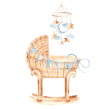 Baby shower composition. Watercolor illustration of Baby Boy cradle from rattan with Mobile, hanging toy with moon, clouds and stars. For newborn greeting or birthday cards, baby shower invitations png