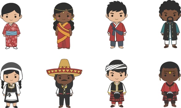 Diverse cultural representation in cartoon figures showcases unity and heritage through traditional clothing and unique ethnic designs depicting vector