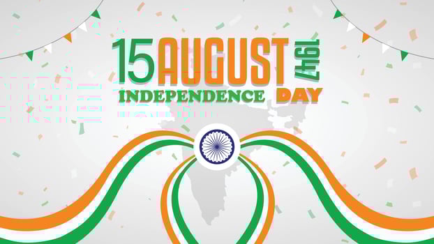India Independence Day Poster with India Map Silhouette and Flowing Tricolor Ribbon vector