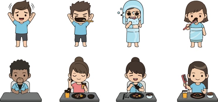 Daily life cartoon character set including waking up, brushing teeth, eating and hair care activities illustrations vector
