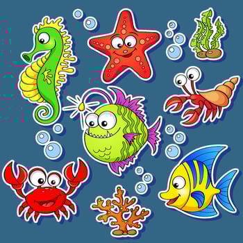 colorful sea creatures stickers vector