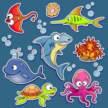 Colorful cartoon sea animals in water vector
