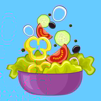 Fresh salad, with lettuce, tomato, black olive, cucumber, pepper and onion. Vegan food vector