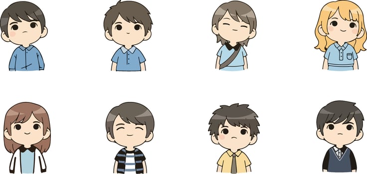 Diverse collection of youthful cartoon characters showcasing varying hairstyles and attire in a simplistic yet engaging design offering a versatile vector