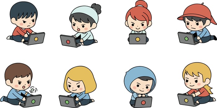 Diverse cartoon children immersed in digital learning with laptops on isolated background, highlighting digital generation engagement vector