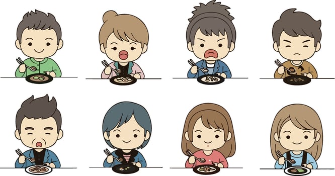 Illustration depicts a diverse group of cartoon people, each expressing a different emotion, as they eat their meals. The cartoon style is simple and modern, appealing to a wide audience. Use this vector