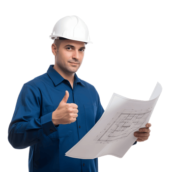 A man in a hard hat holding a blueprint and giving the thumbs up png