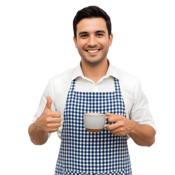 A man in an apron holding a cup of coffee png