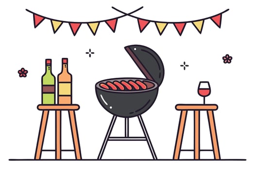 Barbecue party with sausages wine and bunting grill vector