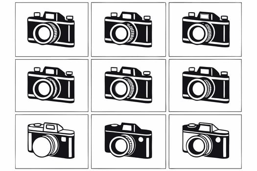 Nine black and white vintage camera icons on a white background vector