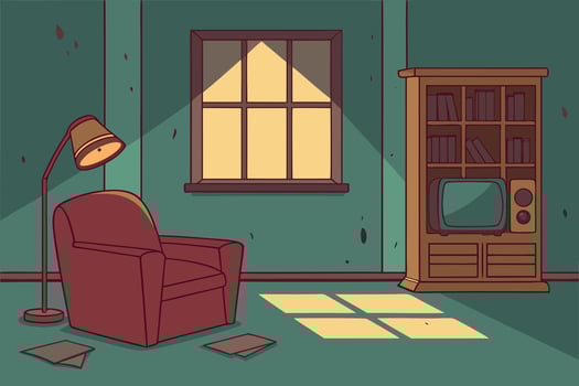 Red armchair and bookshelf in a room with window light vector