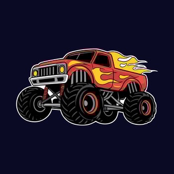 Powerful Red Monster Truck with Fiery Flames, an Off-Road Vehicle with Huge Wheels and a Classic Design in a Dynamic Illustration vector