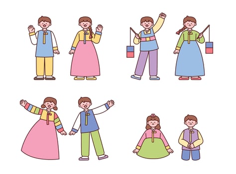 Children wearing traditional Korean hanbok are depicted in a cute, simple illustration style. They hold traditional lanterns, celebrating a holiday. vector