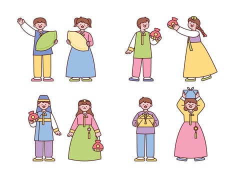 Adorable children dressed in colorful Korean hanbok hold traditional lucky bags and gourds, symbolizing good fortune and celebration. vector