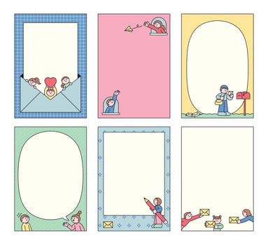 A set of cute, hand-drawn memo pad templates or frames featuring children, letters, and various communication elements. vector