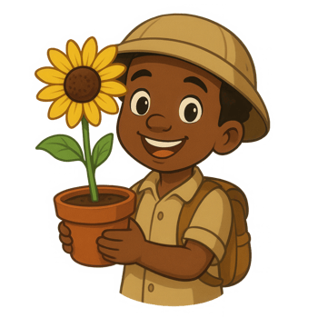 Joyful young explorer proudly presents a vibrant sunflower, symbolizing growth and discovery in nature png