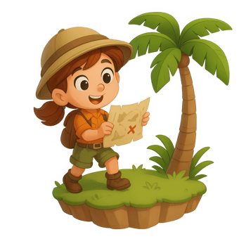 Young explorer excitedly studies treasure map on tropical island next to palm tree png