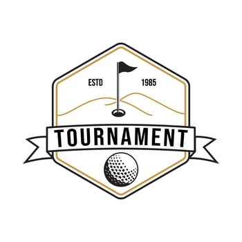 Vintage Golf Tournament Logo Retro Flag and Ball Emblem in Hexagonal Shield with Ribbon Banner vector