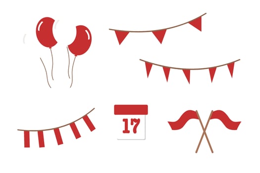 Indonesian Independence Day Decorations with Balloons, Flags, Bunting, and Calendar Icon vector