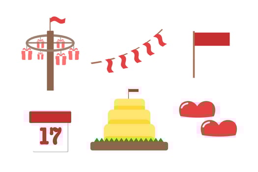 Indonesian Independence Day Icons with Flag, Tumpeng Rice, Panjat Pinang Game, Calendar Date, and Celebration Elements vector