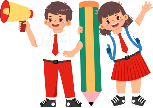 Schoolboy and Schoolgirl with Giant Pencil png