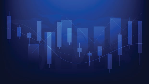 stock market chart. candlesticks and bar graph on blue background vector
