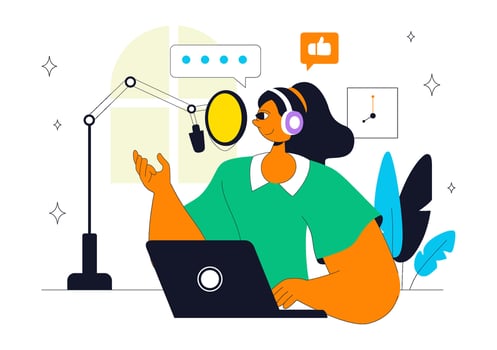 Podcaster with microphone and laptop vector