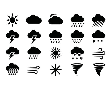 Collection of black silhouette icons representing weather conditions vector