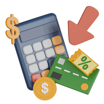 Calculator with dollar coin and credit card icon with discount symbol and red arrow showing shopping retail 3d icon concept for sale and price calculation png