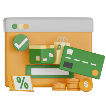 Online shopping and retail concept with 3d icon style showing credit card, package, shopping bag, discount ticket, and coins for digital payment and e commerce success png