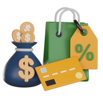 Shopping retail 3d icon showing green shopping bag with discount tag, credit card, and money bag with coins symbolizing savings and payment options in retail png