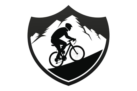 Mountain Biker Silhouette on Hill Inside Shield with Mountains in the Background vector