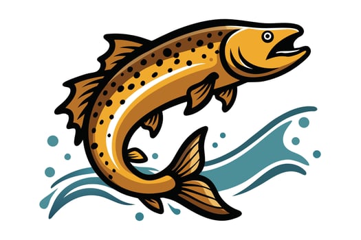 Cartoon Brown Trout Leaping From Blue Water With Black Spots on White Background vector