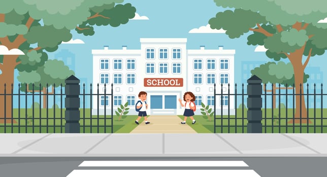 Children walking towards a school vector